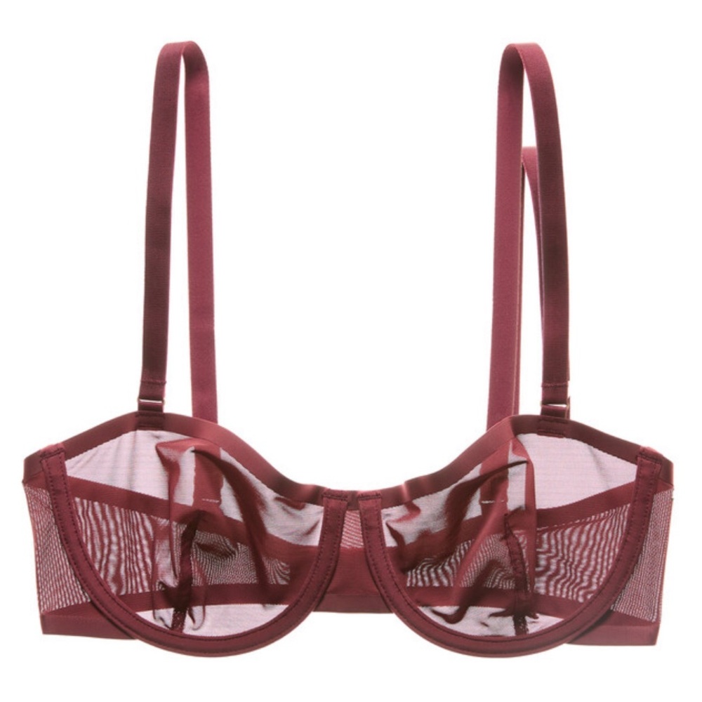 CUUP “Balconette” Mesh underwire Bra in Begonia (wine/purple) Sheer, Size 38C.